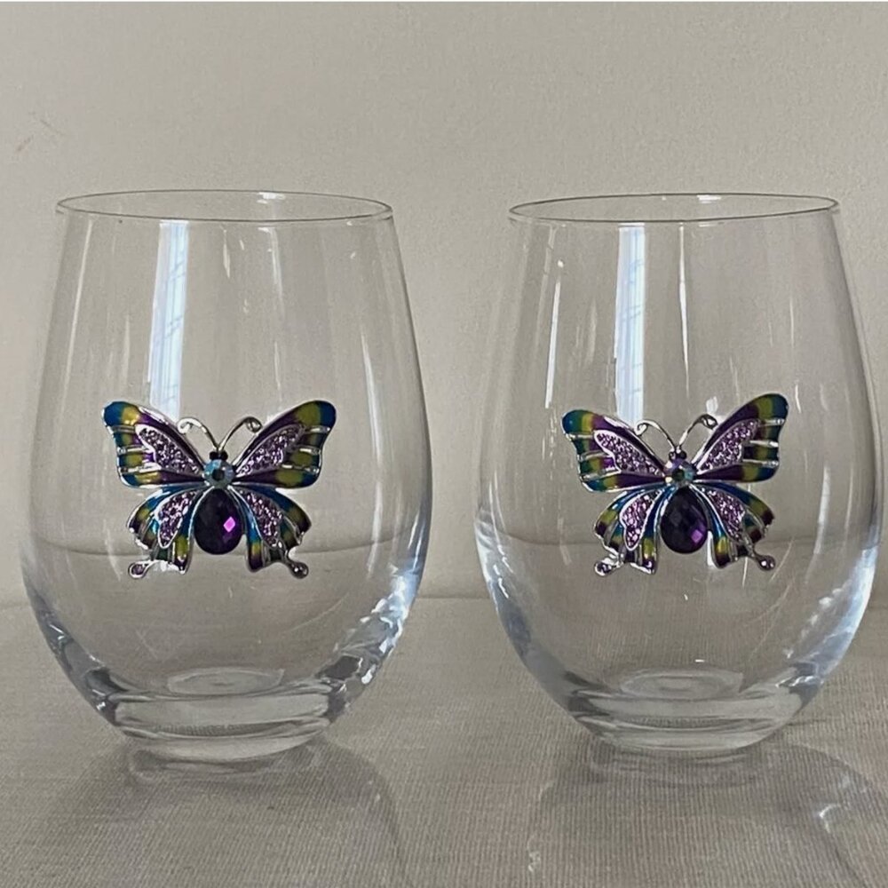 RACHEL ZOE 2 pc Jewel stemless wine glasses W gem and rhinestone butterfly